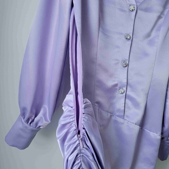 LEDAíR Lilac Long Sleeve V Neck Button Front Draped Hem Dress Blouse Medium - Picture 10 of 12